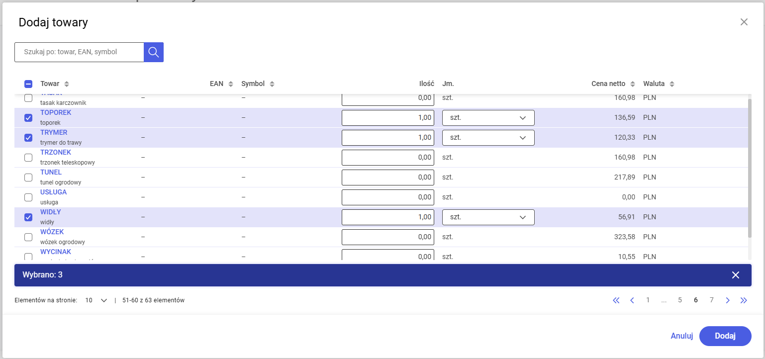 Wybieranie towarów do dodania na zamówienie