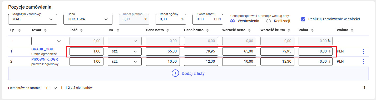 Edycja pozycji zamówienia