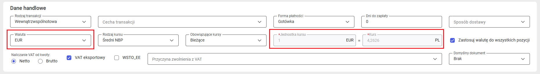 Pola związane z walutą obcą