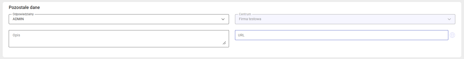 Sekcja Pozostałe dane na formularzu zamówienia