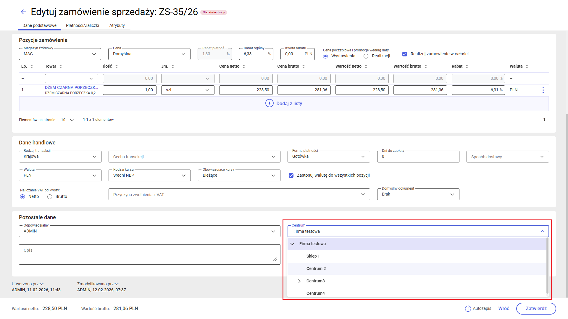 Zmiana centrum na zamówieniu
