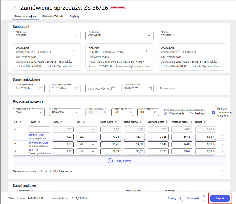 Przycisk Zapisz w stopce dokumentu