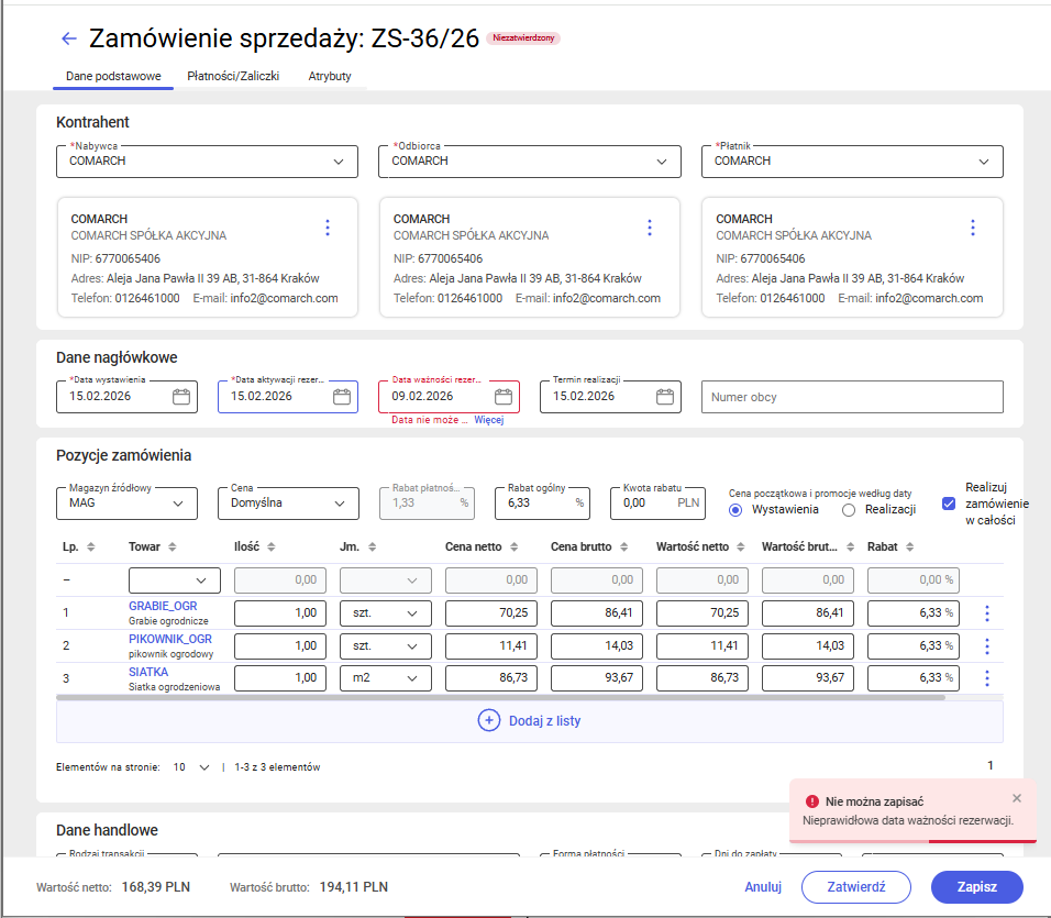 Walidacja podczas zapisywania zamówienia