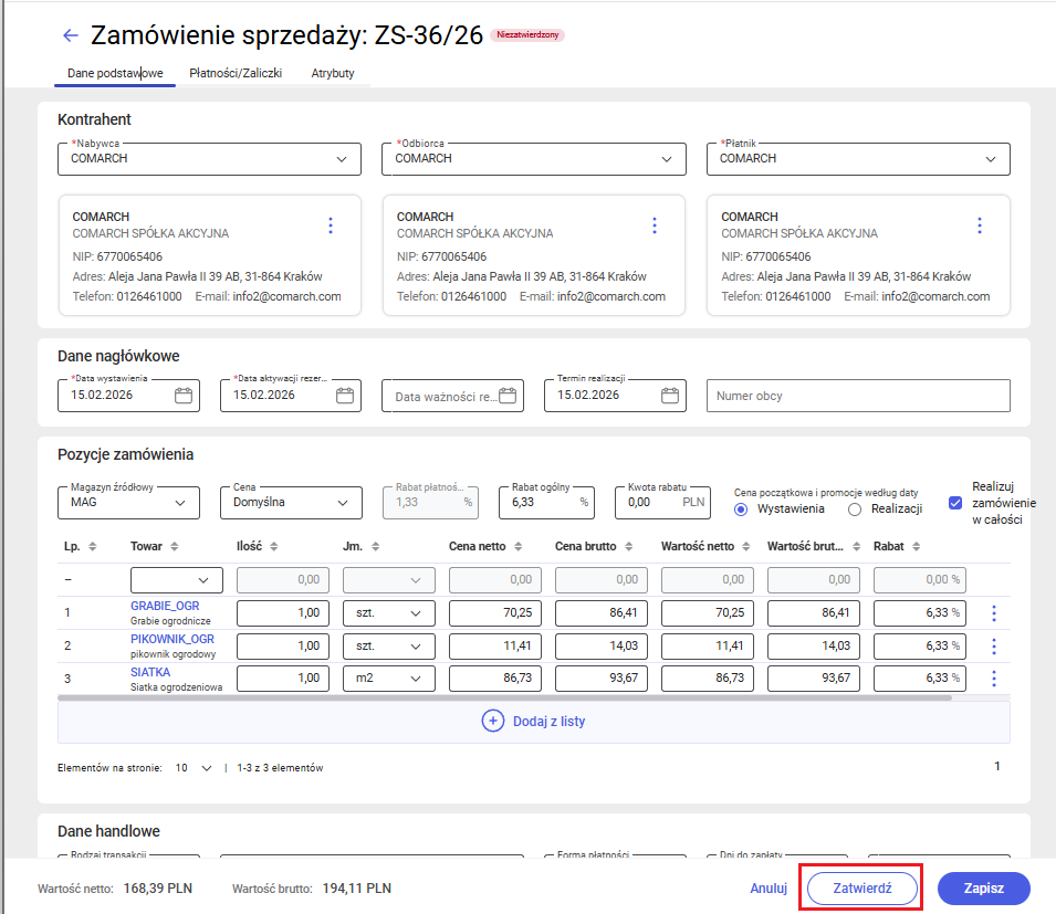 Zatwierdzanie zamówienia z poziomu formularza