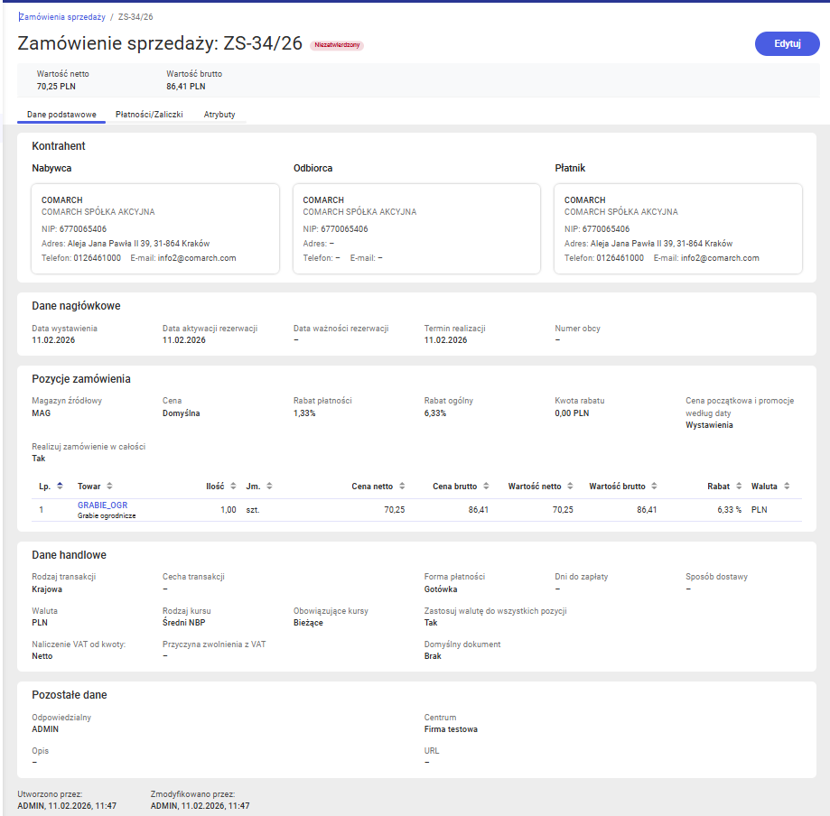 Zamówienie sprzedaży w trybie podglądu – dane podstawowe