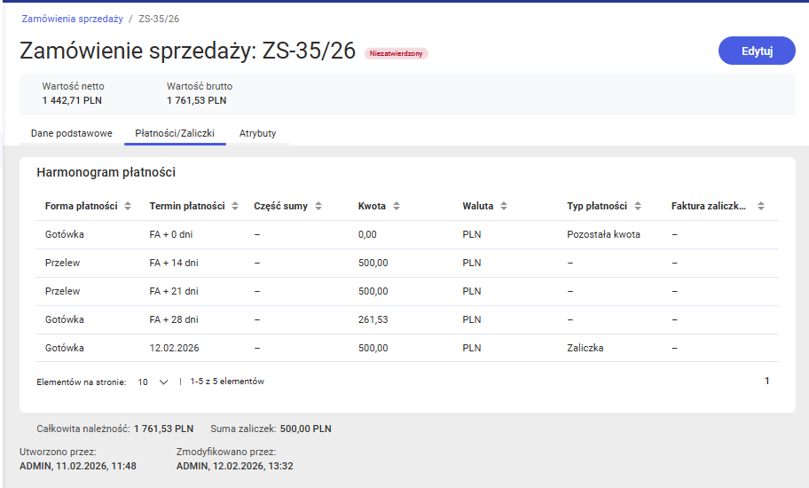 Płatności/zaliczki na podglądzie zamówienia