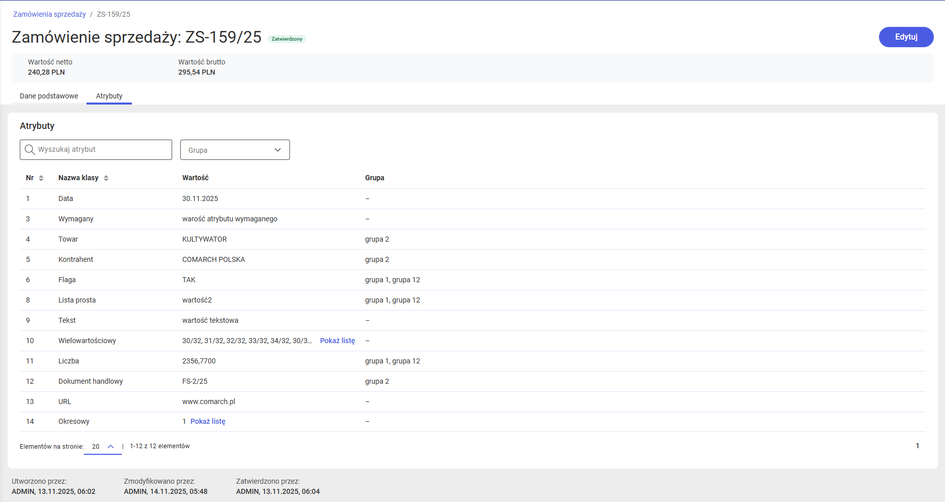 Atrybuty na podglądzie zamówienia sprzedaży