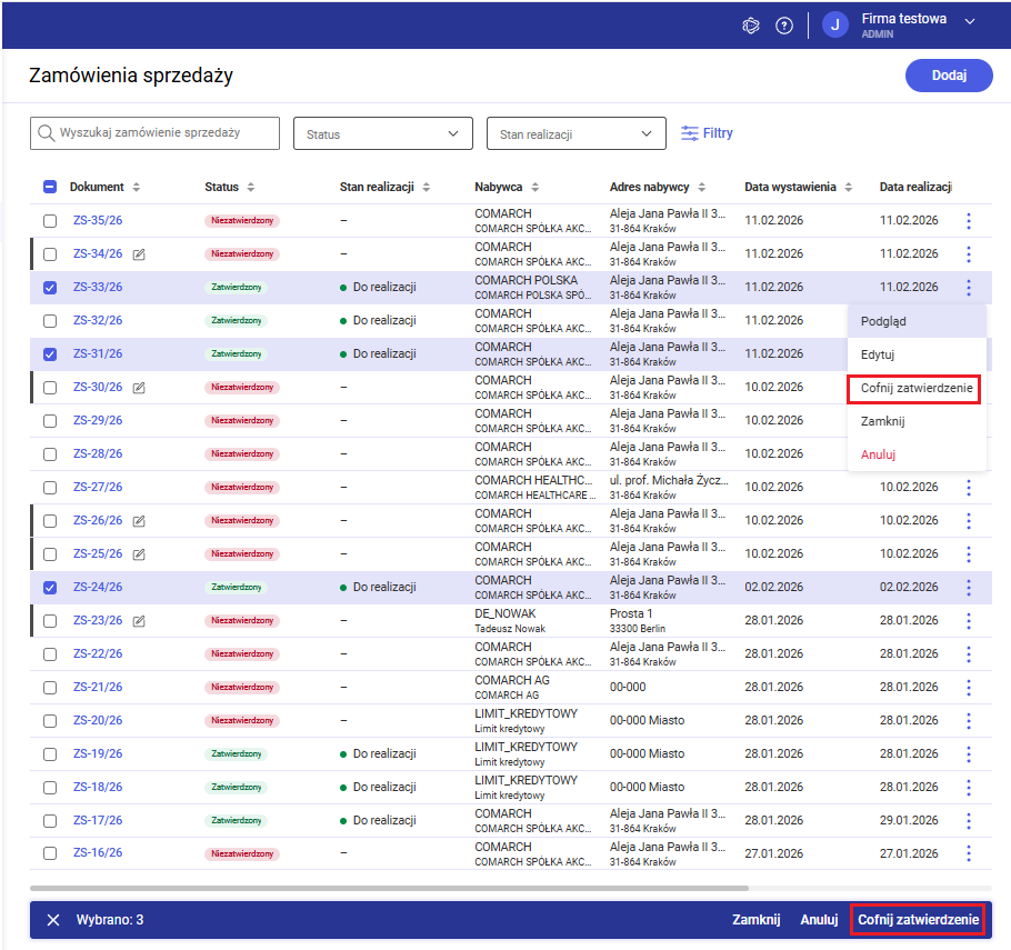 Cofanie zatwierdzenia zamówienia