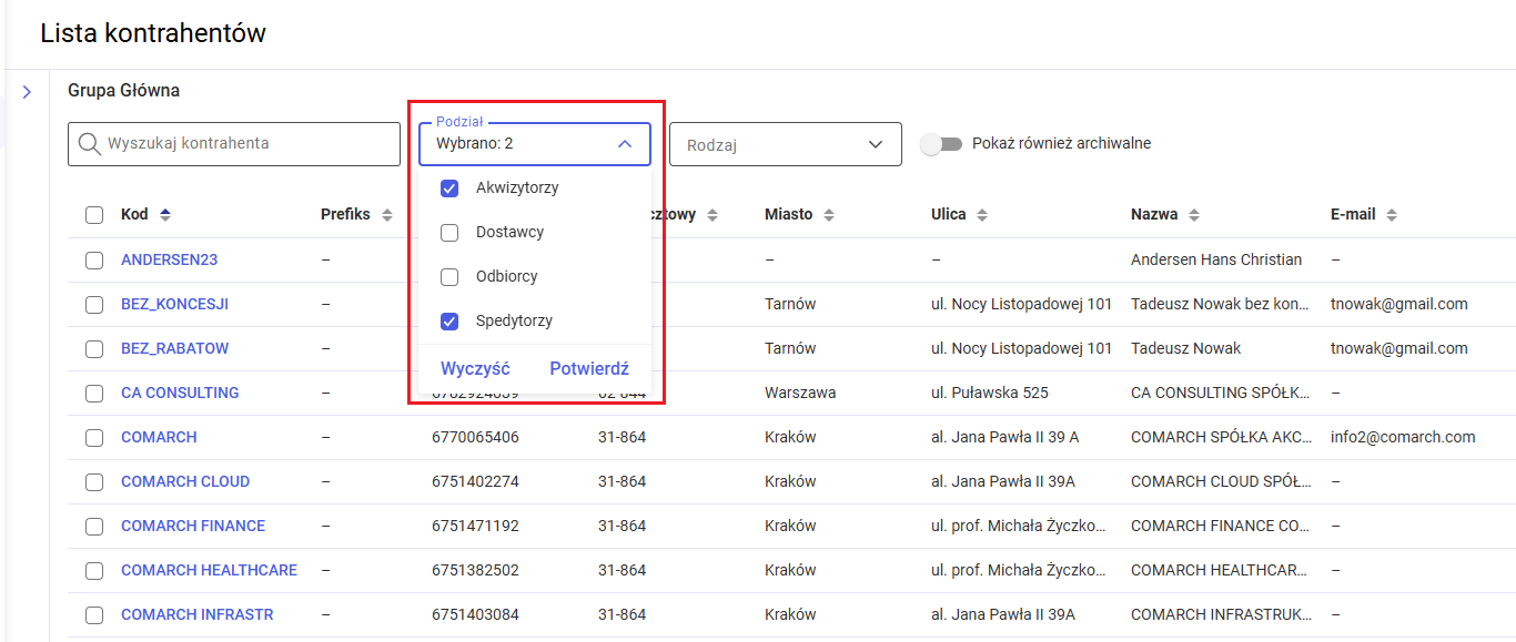 Filtrowanie listy kontrahentów wg podziału