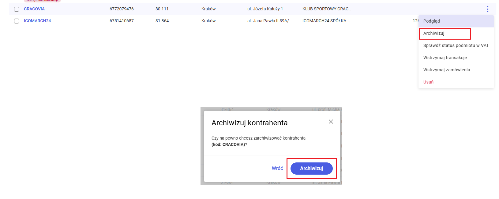 Archiwizacja kontrahenta