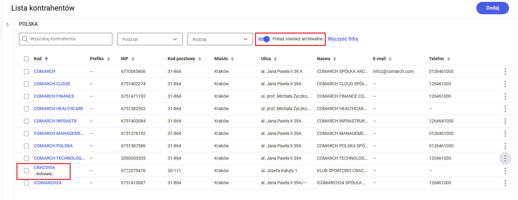 Wyświetlanie archiwalnych kartotek kontrahentów