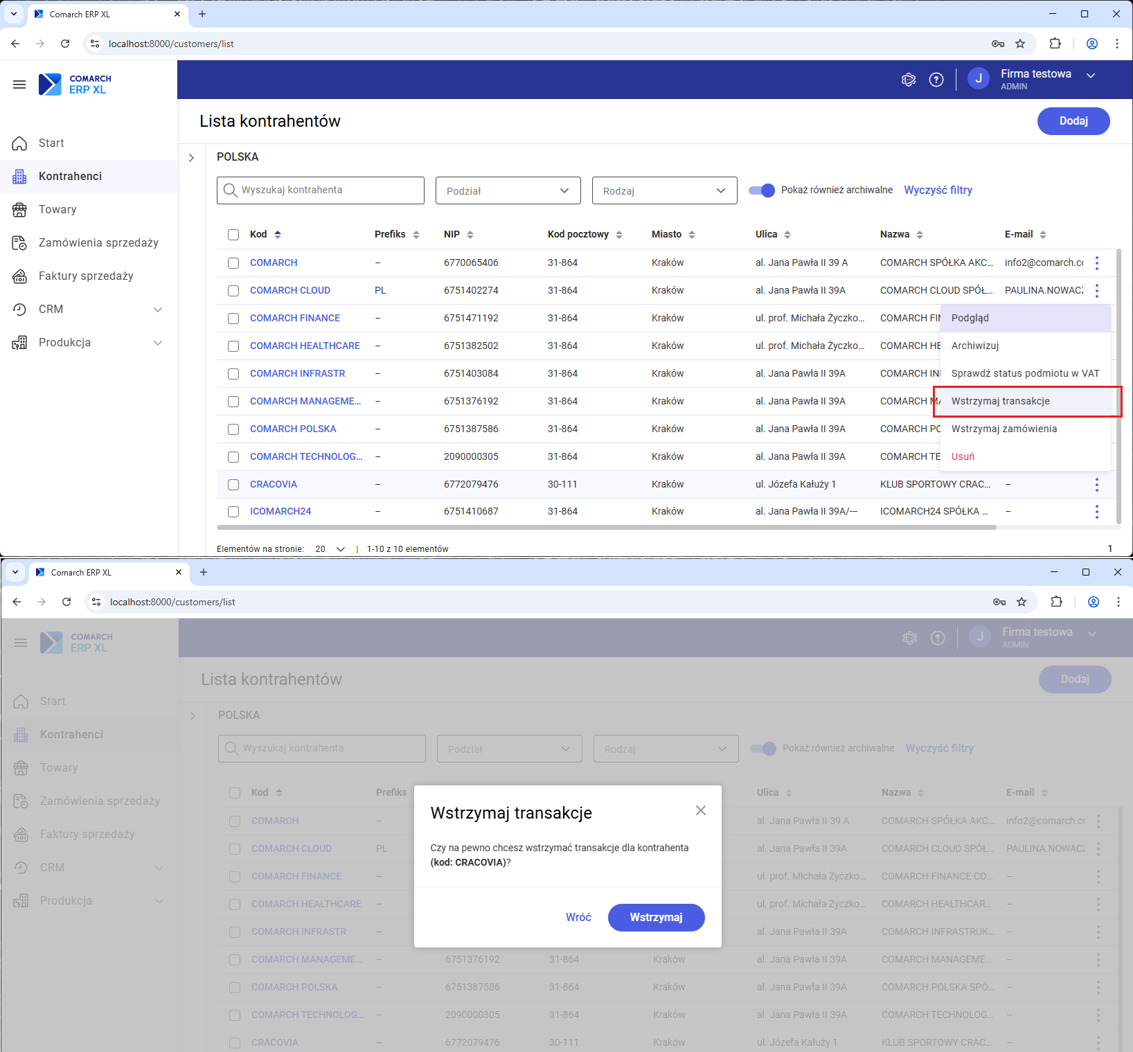 Wstrzymywanie transakcji z kontrahentem