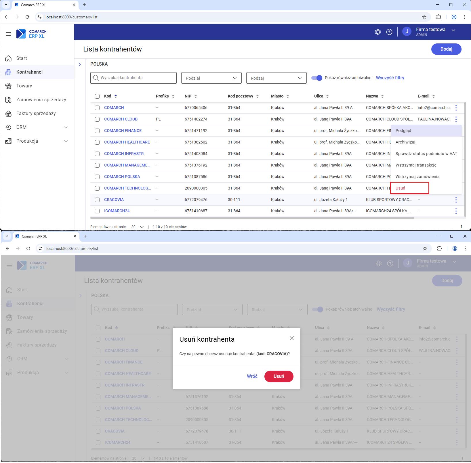 Usuwanie kontrahenta