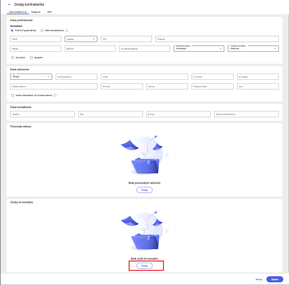 Dodawanie osoby kontaktowej podczas dodawania kontrahenta