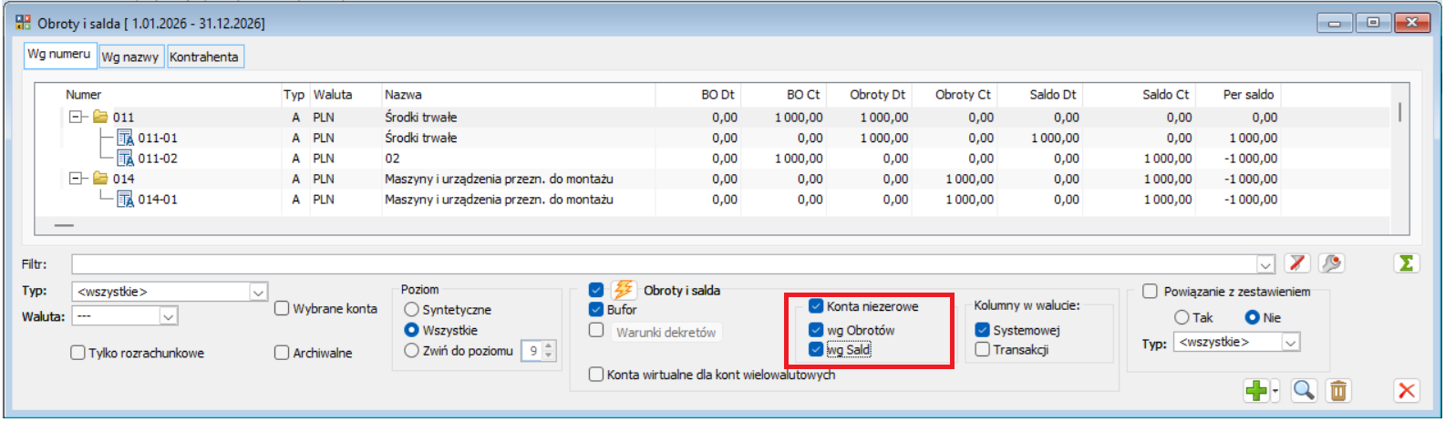 Okno Obroty i Salda, filtr „Konta niezerowe”