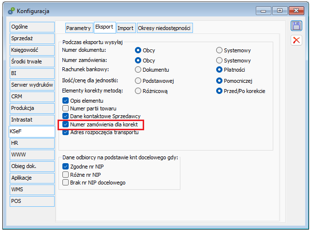 Parametryzacja wysyłania numeru zamówienia dla korekt