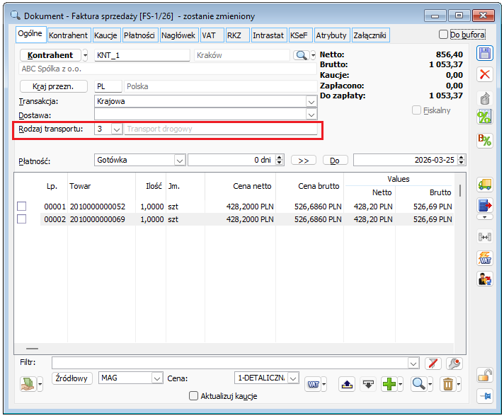 Rodzaj transportu na formatce wysyłanego dokumentu