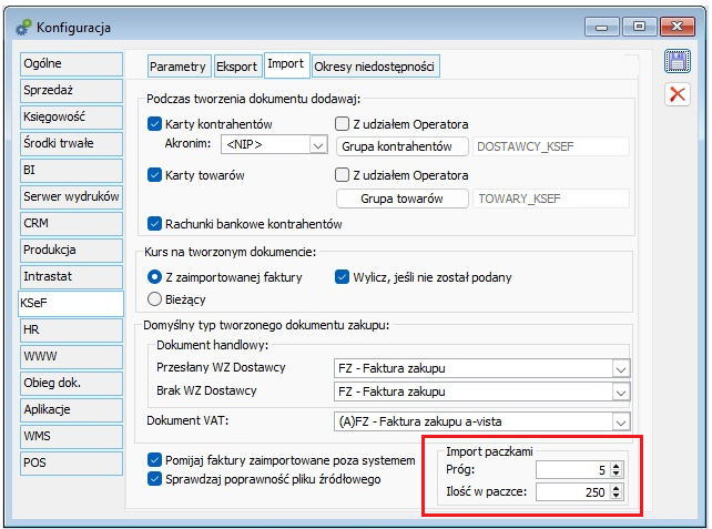 Parametryzacja w zakresie importu faktur z KSeF paczkami