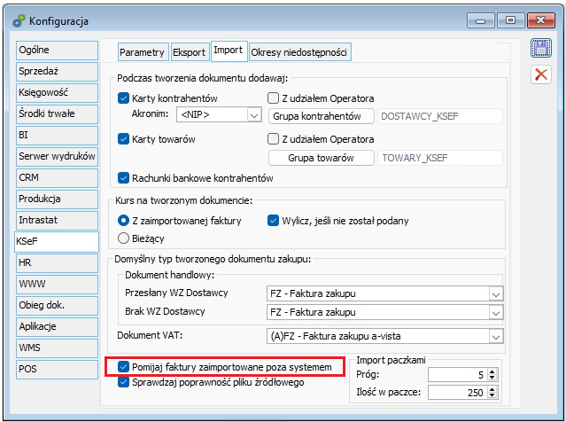 Parametryzacja pomijania faktur pobranych z KSeF poza systemem podczas importu w Comarch ERP XL