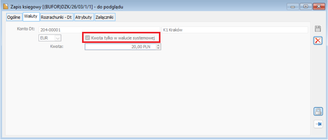Dekret z wybranym parametrem „Kwota tylko w walucie systemowej”