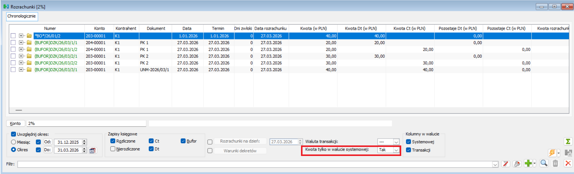Lista rozrachunków ograniczona do dekretów na których wybrano parametr „Kwota tylko w walucie systemowej”