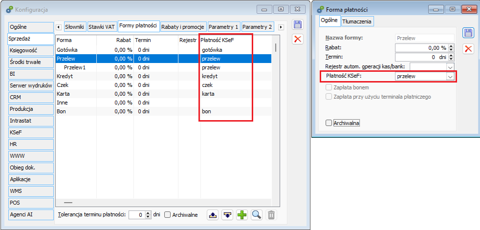 Forma płatności KSeF na formatce systemowej formy płatności