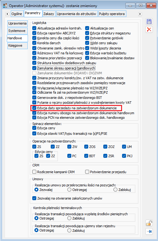 Parametr Edycja daty sprzedaży na zatwierdzonym dokumencie na karcie operatora