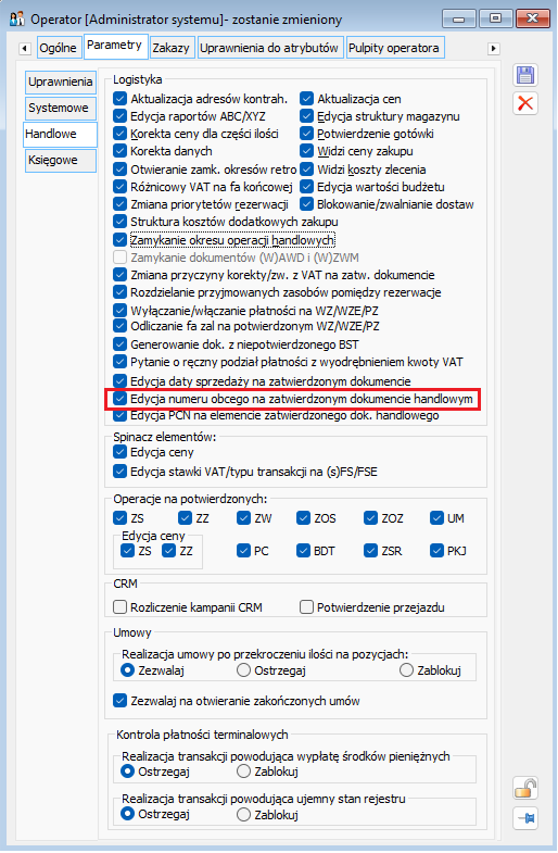 Parametr Edycja numeru obcego na zatwierdzonym dokumencie handlowym na karcie operatora