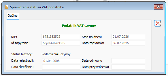 Rozszerzone okno sprawdzenia statusu VAT