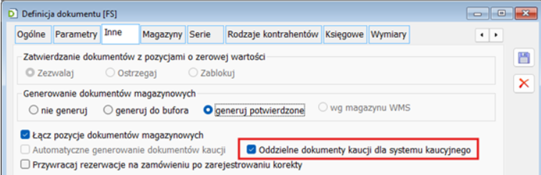 Parametr na definicji dokumentów handlowych odpowiedzialny za tworzenie odrębnych dokumentów kaucyjnych