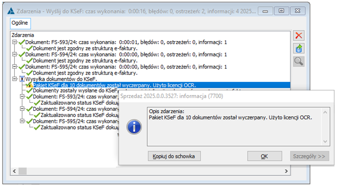 Pakiet KSeF w całości zużyty, operacja w ramach pakietu OCR