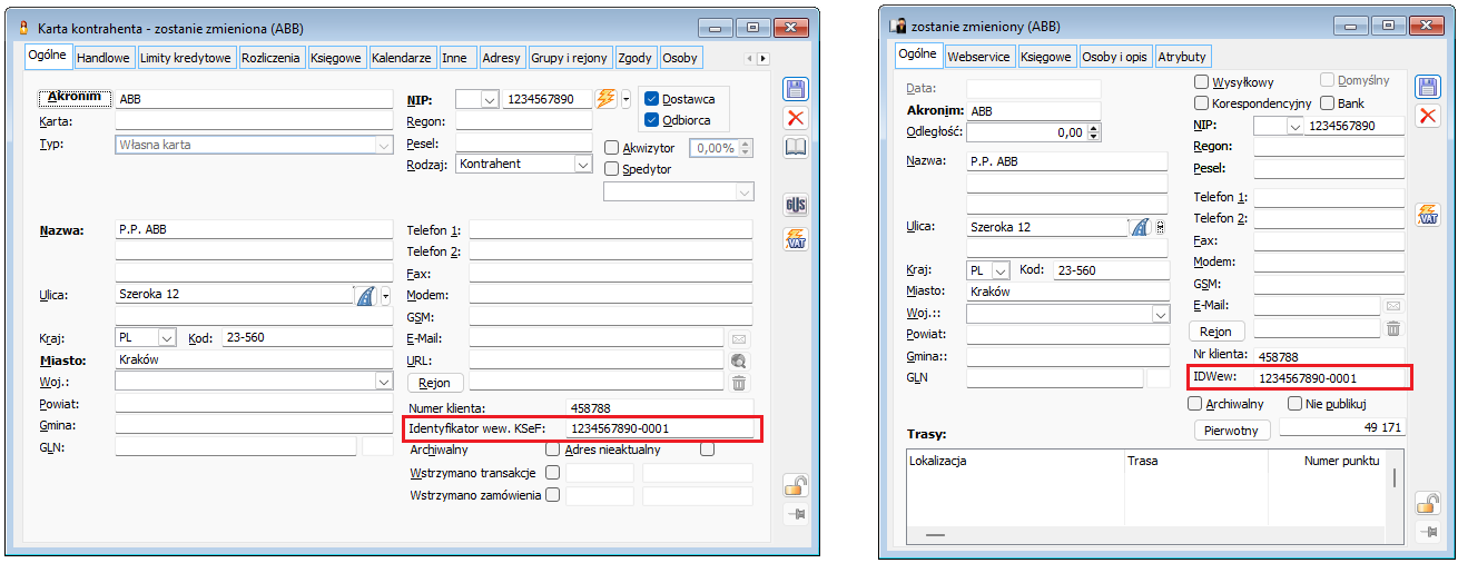 Identyfikator wewnętrzny KSeF na formatce karty kontrahenta i adresu kontrahenta