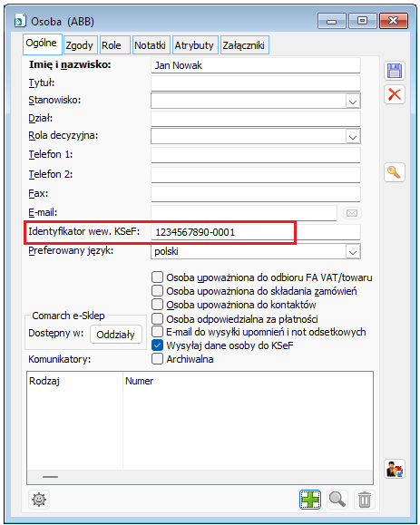 Identyfikator wewnętrzny KSeF na formatce osoby u kontrahenta