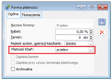Forma płatności KSeF przypisana na formatce systemowej formy płatności