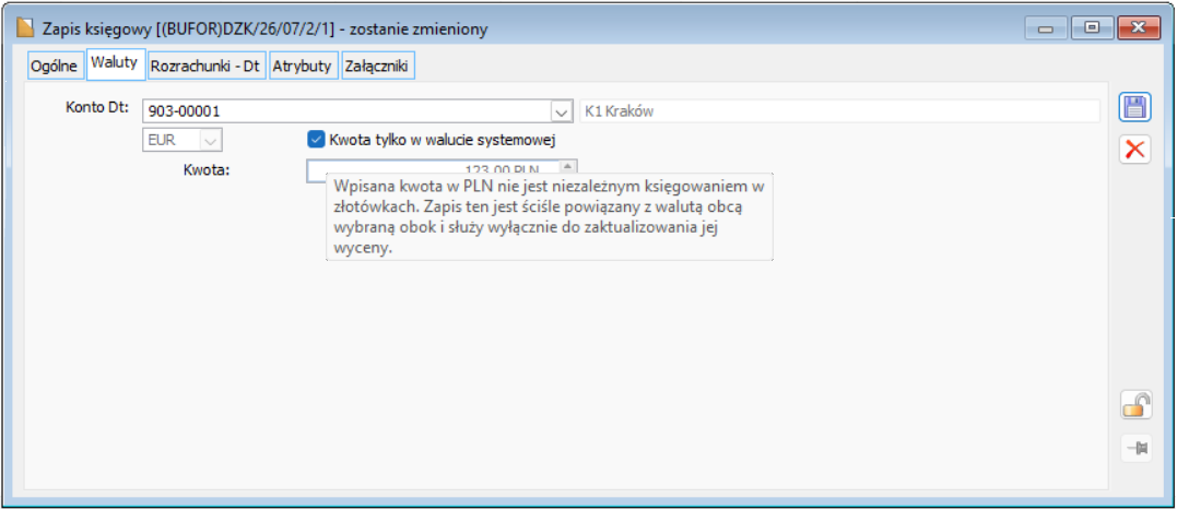 Dekret, zakładka [Waluty] - parametr “Kwota tylko w walucie systemowej”