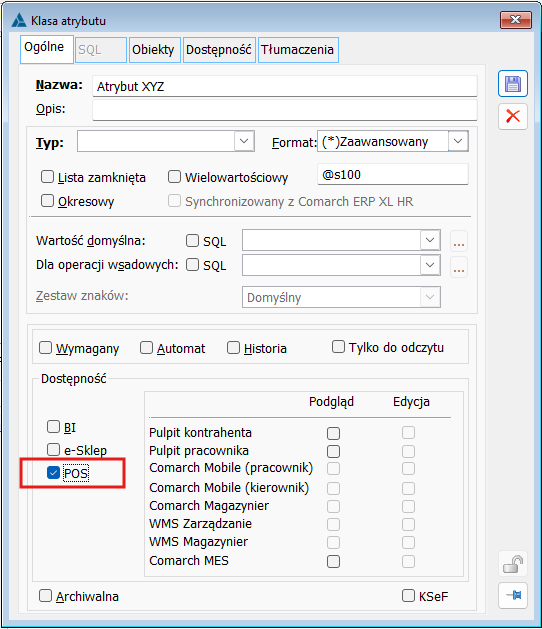 Parametr POS na karcie Klasy atrybutu