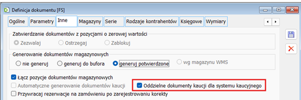 Parametr na definicji dokumentów handlowych odpowiedzialny za tworzenie odrębnych dokumentów kaucyjnych