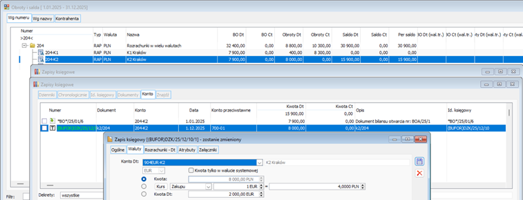 Zapis bieżący zarejestrowany w 2025 r. na koncie 204-K2 w powiązaniu z kontem 904EUR-K2