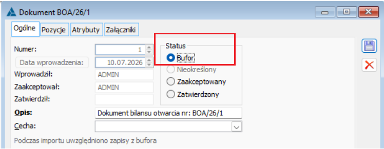 Dokument BOA, zakładka [Ogólne]