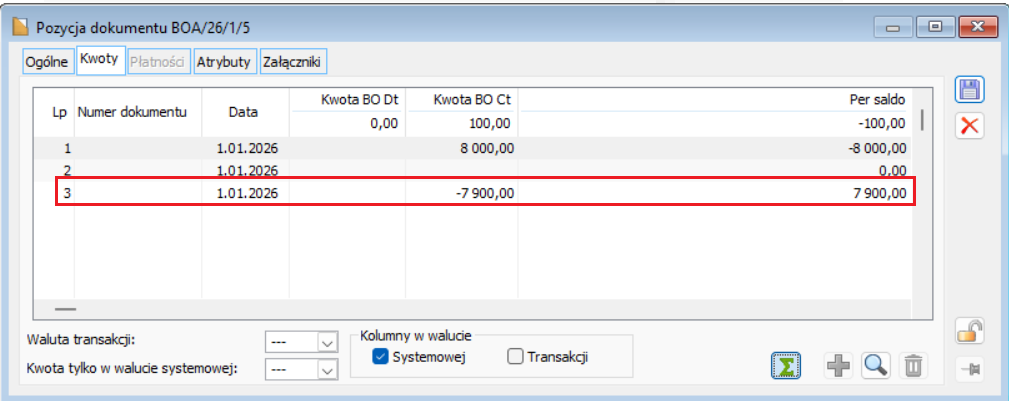 Dokument BOA, formularz Pozycji, zakładka Kwoty