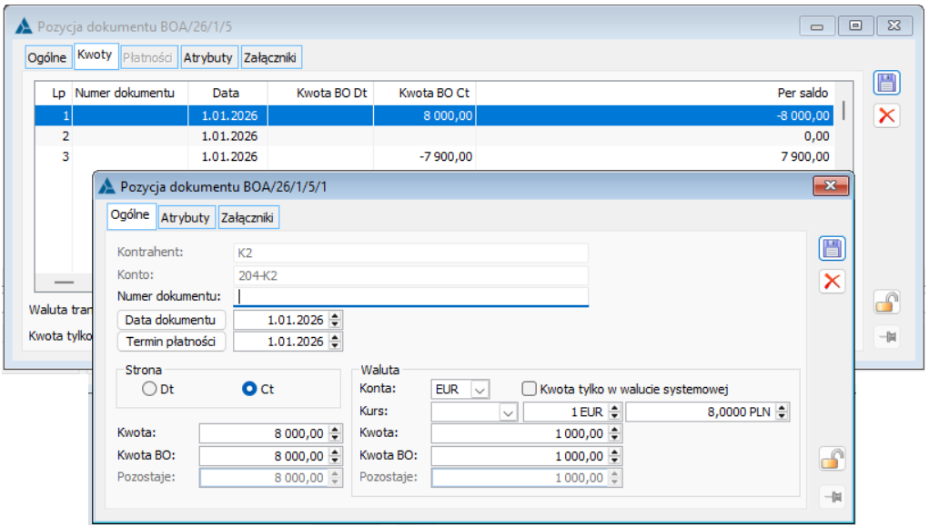 Dokument BOA, formularz subpozycji
