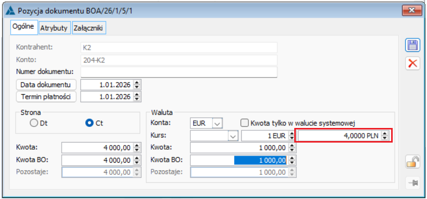 Dokument BOA, formularz subpozycji