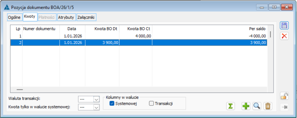 Dokument BOA, formularz Pozycji, zakładka [Kwoty]