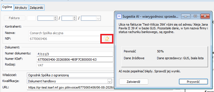 Wynik weryfikacji sprzedawcy w KSeF