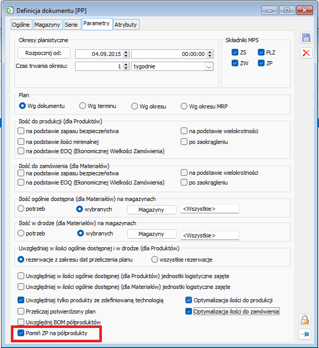 Parametr Pomiń ZP na półprodukty na definicji dokumentu Plan produkcji
