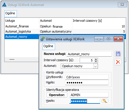 Okno Ustawienia usługi XLWork