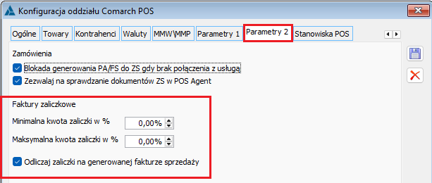 Parametry związane wystawianiem faktur zaliczkowych w POS