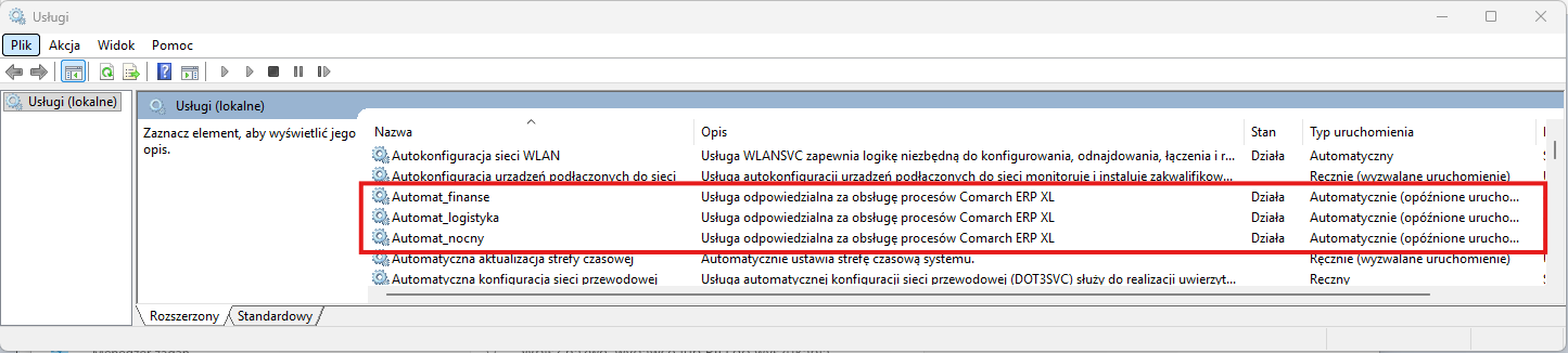 Usługi XLWork na liście Usługi w systemie Windows