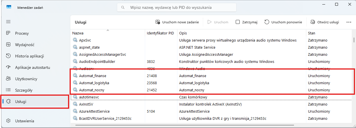 Usługi XLWork na liście usług w Menedżerze zadań systemu Windows