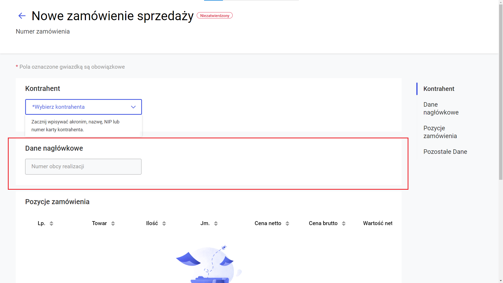Dane nagłówkowe przed dodaniem kontrahenta na zamówienie